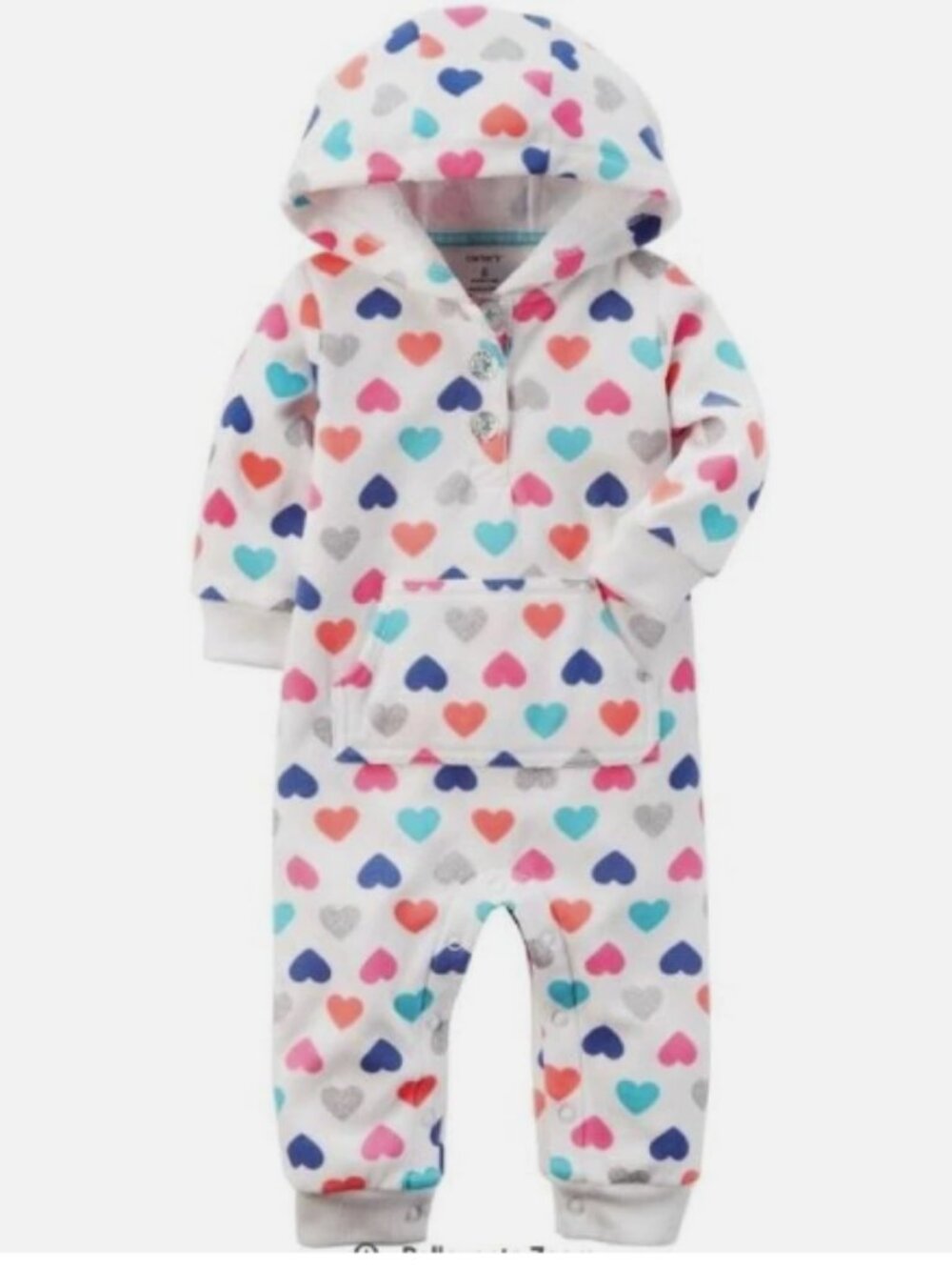 Carter's Henley Hooded Coverall, White Heart Printed, 18m